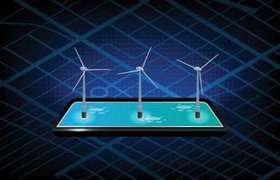 fundo abstrato de turbinas eólicas gerando eletricidade em aplicativo de tablet móvel e mapas de navegação de rota vetor