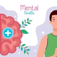 conceito de saúde mental e homem meditando com cérebro humano vetor