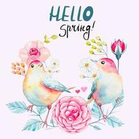 cartão de primavera desenhado à mão, pássaros em aquarela com flores vetor