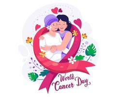 uma menina abraça com amor a mãe que tem câncer. com uma fita vermelha e flores. ilustração do conceito do dia mundial do câncer vetor