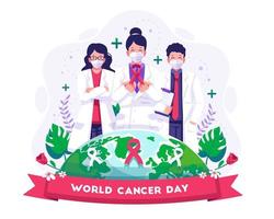 uma médica segurando o símbolo de conscientização do câncer de fita vermelha. médicos e equipe médica comemoram o dia mundial do câncer. ilustração vetorial em estilo simples vetor