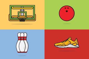 conjunto de bola de boliche, pinos de boliche, aro de bola de sapato e basquete e elementos de esportes de anel ilustração vetorial. conceito de ícone de símbolos de objetos esportivos. ilustração do conjunto de ícones do equipamento do jogo esportivo vetor