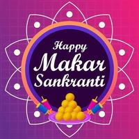 feliz makar sankranti retange modelo de postagem de mídia social círculo ilustração em vetor moldura roxa