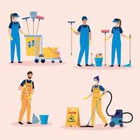 definir cenas de serviço de limpeza, trabalhadores do serviço de limpeza com equipamentos vetor