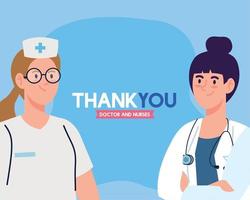 obrigado médico e enfermeiros que trabalham em hospitais, mulher médica e enfermeira lutando contra o coronavírus covid 19 vetor