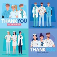 conjunto de cenas, obrigado médico e enfermeiros que trabalham em hospitais, lutando contra o coronavírus covid 19 vetor