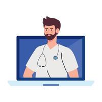 medicina on-line com médico masculino no computador, em fundo branco vetor