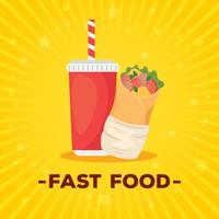 cartaz de fast food, burrito com garrafa de bebida vetor