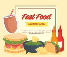 cartaz de fast food, guacamole com sanduíche e alimentos vetor