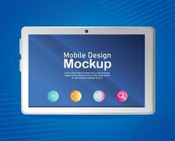 maquete de design móvel de cartaz, tablet realista com ícones vetor
