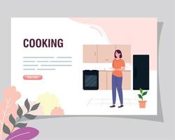 banner com mulher cozinhando na cena da cozinha vetor