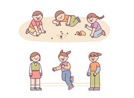 jogo de infância coreano. as crianças jogam bolinhas de gude e pulam com elásticos. vetor