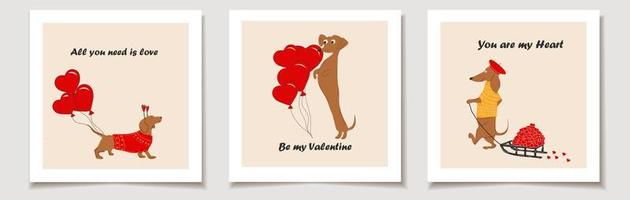 conjunto de cartões de dia dos namorados com cachorros dachshunds puxa um coração, dia dos namorados em um trenó e decora balões em forma de coração. amor, dia dos namorados. vetor