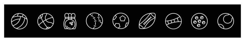 Conjunto de ícones do esporte de bola, ícone de bola esboço de linha fina símbolo de bola de esporte linear para design de logo.for em fundo preto. vetor