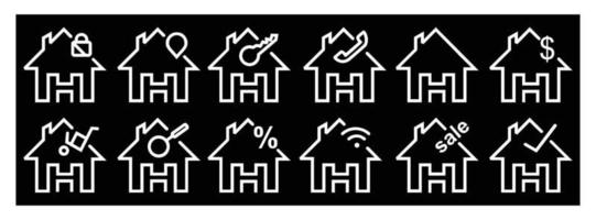 conjunto de ícones imobiliários, sinais de coleção isolados de vetores em casa. ícones para design em fundo preto.
