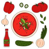 receita de gaspacho com ingredientes - tomate, pimenta, cebola, alho, pepino e molho de tomate. vetor