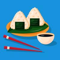 onigiri com molho de soja e pauzinhos isolados no fundo azul. vetor