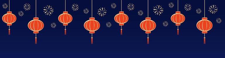 fita sem costura com lanternas chinesas de papel brilhante, fita de embrulho, fundo azul com lâmpadas de papel e fogos de artifício dourados. vetor