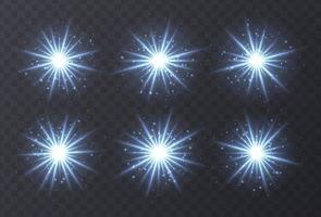 sinalizadores de luz conjunto isolado em fundo transparente. reflexos de lente azul, bokeh, brilhos, coleção de estrelas brilhantes. vetor