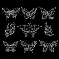 conjunto de silhuetas de contorno de borboleta ornamental. design de tatuagem pode ser usado para estêncil, impressão em bloco ou usado como adesivo. criatura voadora de arte de linha. Belo símbolo místico dos anos 90 com asas. vetor