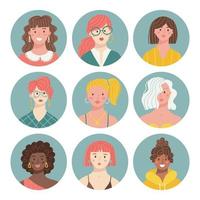 conjunto de diferentes avatares de pessoas femininas. coleção de retratos coloridos de usuários em círculos. rostos de personagens de mulheres. ilustração vetorial em estilo cartoon plana vetor