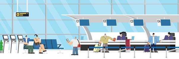 hall de embarque do aeroporto com registro de voo de check-in de passageiros com bagagem na fila, balcão de check-in para embarque de partida de avião, ilustração vetorial de aeronaves de viajantes vetor