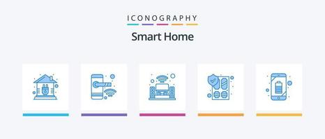 pacote de ícones smart home blue 5 incluindo bateria. segurança. cinema em casa. proteger. antivírus. design de ícones criativos vetor