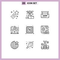 pacote de 9 contornos criativos de elementos de design de vetores editáveis de mãos on-line de ginásio de bitcoin de mineração