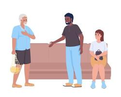 homem cedendo assento para personagens vetoriais de cores semi planas de cidadãos idosos. figuras editáveis. pessoas de corpo inteiro em branco. ilustração simples de estilo cartoon para web design gráfico e animação vetor