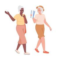 amigas mais velhas indo para o evento com personagens de vetores de cor semiplana de ingressos. figuras editáveis. pessoas de corpo inteiro em branco. ilustração simples de estilo cartoon para web design gráfico e animação