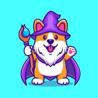 assistente de cão bonito corgi com ilustração de ícone de vetor de desenho animado de varinha mágica. conceito de ícone de feriado animal isolado vetor premium. estilo cartoon plana