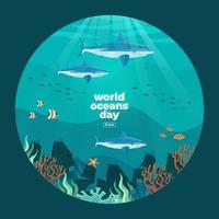 dia mundial dos oceanos 8 de junho. salvar nosso oceano. tubarões e peixes estavam nadando debaixo d'água com uma bela ilustração vetorial de fundo de coral e algas marinhas. vetor