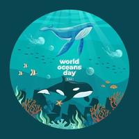 oceanos mundiais dia 8 de junho. salve nosso oceano. grandes baleias e peixes estavam nadando debaixo d'água com bela ilustração em vetor fundo coral e algas marinhas.