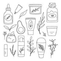 conjunto de cosméticos naturais. coleção de cosméticos orgânicos para cuidados com a pele. cosméticos à base de plantas. ilustração vetorial. estilo rabisco. vetor