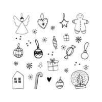 bonito doodle natal conjunto com anjo, brinquedos, bolas, pirulito, pão de gengibre, doces, caixa de presente e flocos de neve. ilustração vetorial de inverno desenhada à mão para design sazonal. vetor