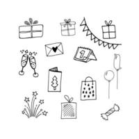 conjunto de rabiscos fofos de caixas de presente de natal, envelope, calendário, balão, taças de champanhe, ícones de fogos de artifício. mão desenhada ilustração vetorial de inverno. vetor