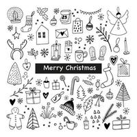 grande conjunto de ícones de ano novo e natal. bonito mão desenhada ilustração vetorial. elementos de inverno para cartões, cartazes, adesivos e design sazonal. isolado no fundo branco