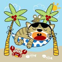 gato engraçado com o mouse na colina nas férias de verão na praia, caranguejo e espinha de peixe, ilustração de desenho vetorial vetor