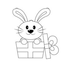coelho fofo em caixa de presente. desenhar ilustração em preto e branco vetor