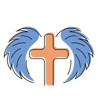 ícone cristão cruz e asas em cores lineares vetor