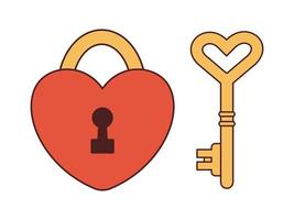vetor definido com fechadura em forma de coração e chave em estilo retrô. coleção com cadeado vermelho e chave de ouro y2k. feliz Dia dos namorados. anos 70 anos 90.