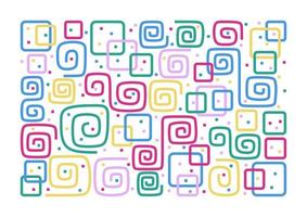 espirais quadradas coloridas e quadrados em fundo branco. padrão brilhante. linhas encaracoladas onduladas. formas divertidas. elementos listrados. abstração. vetor