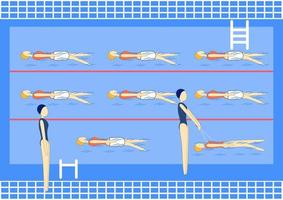 nadadores na piscina. piscina desportiva profissional com raias. as pessoas nadam no conjunto de ilustração vetorial de piscina pública. dois professores e desportistas. vetor