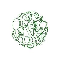 modelo de design de logotipo vetorial com ícones de frutas e vegetais em estilo linear da moda, emblema abstrato para loja orgânica, loja de alimentos saudáveis ou café vegetariano vetor