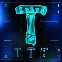 vetor de letra t. dígito maiúsculo. sinal de luz de fonte de raio-x roentgen. efeito de varredura de neon de radiologia médica. alfabeto. Dígito de luz azul 3D com osso. estilo médico, pirata, futurista e de terror. ilustração