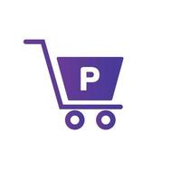 carrinho de compras de carrinho de letra p. modelo inicial de conceito de logotipo online e de compras vetor