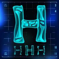 vetor da letra h. dígito maiúsculo. sinal de luz de fonte de raio-x roentgen. efeito de varredura de neon de radiologia médica. alfabeto. Dígito de luz azul 3D com osso. estilo médico, pirata, futurista e de terror. ilustração