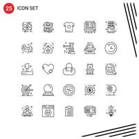 conjunto moderno de pictograma de 25 linhas de camisa de fast food de dieta churro elementos de design de vetores digitais editáveis