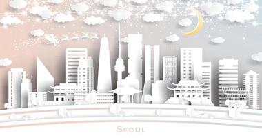 horizonte da cidade de seul coreia do sul em estilo de corte de papel com flocos de neve, lua e guirlanda de néon. vetor