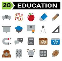 conjunto de ícones de educação incluem projetor, projeção, apresentação, educação, fórmula, estudo, ciência, escola, maçã, fruta, frutas, apagar, apagador, remover, lápis, escrever, editar, desenhar, tela, placa vetor